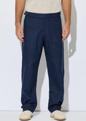 Navy Blue Linen Wrap Waist Relaxed Pants