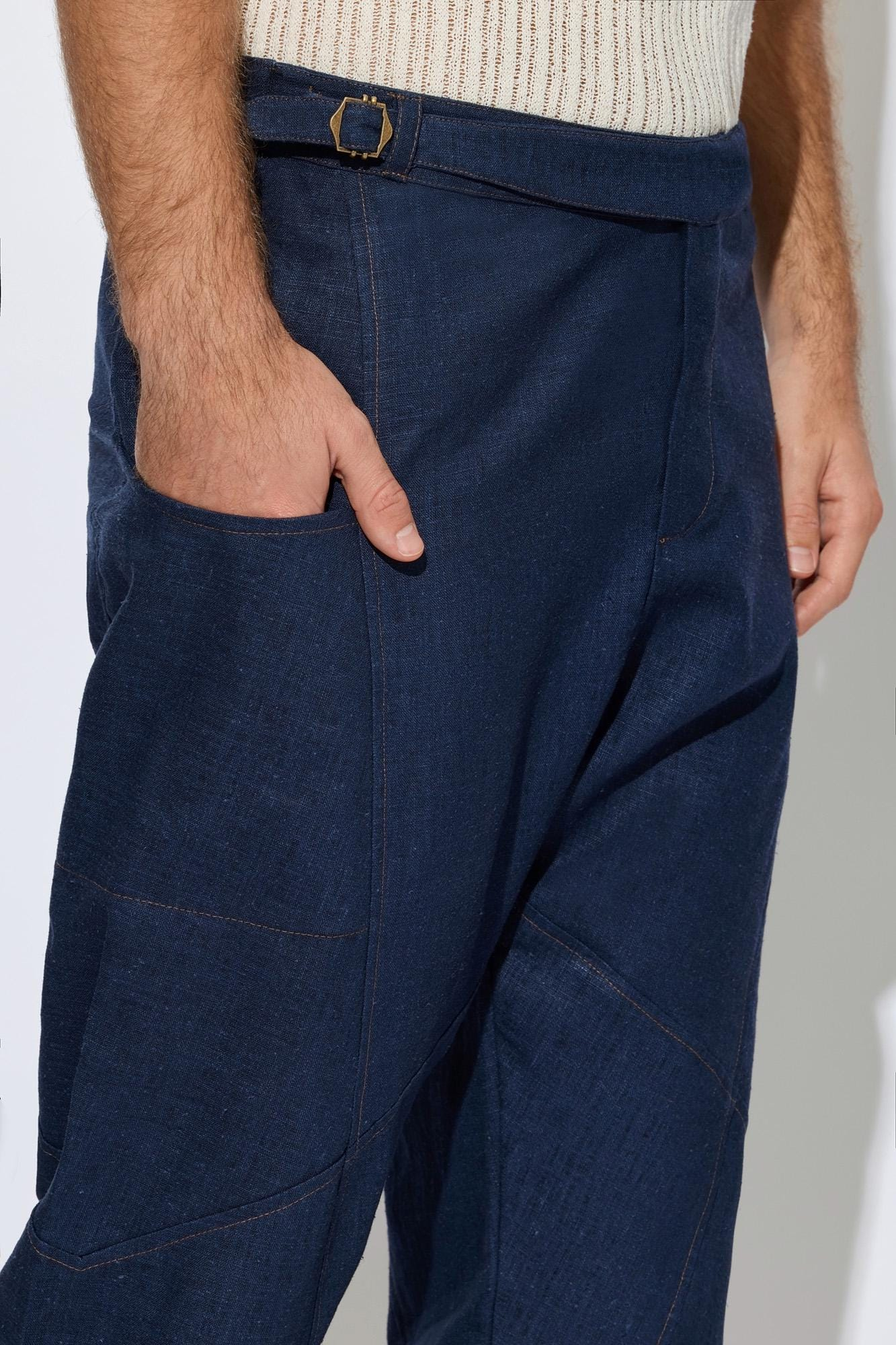 Navy Blue Linen Wrap Waist Relaxed Pants - Image 2