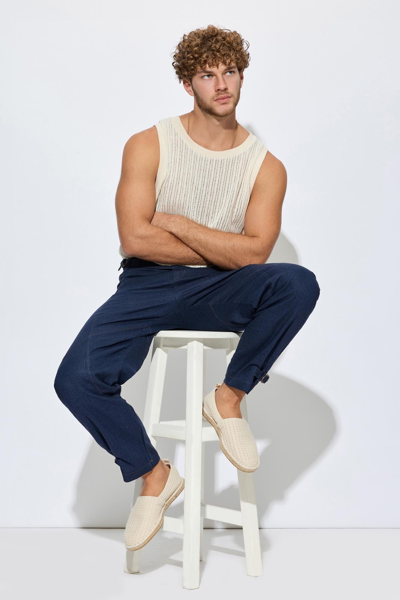 Navy Blue Linen Wrap Waist Relaxed Pants - Image 5
