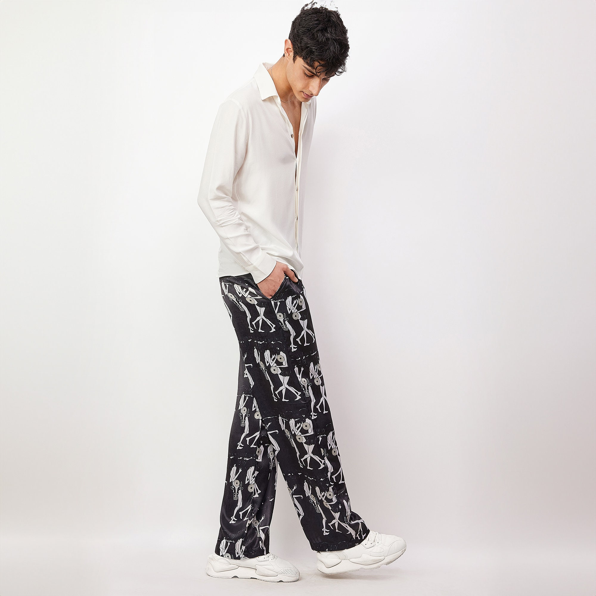Black Skeleton Dance Print Relaxed Straight Leg Pants - Image 3