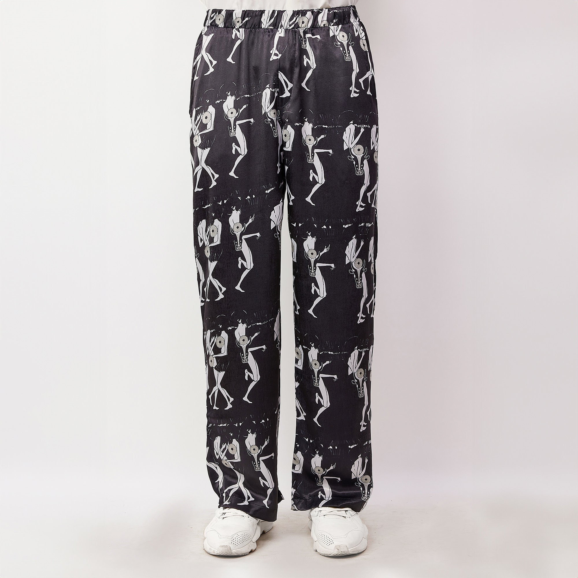 Black Skeleton Dance Print Relaxed Straight Leg Pants - Image 4