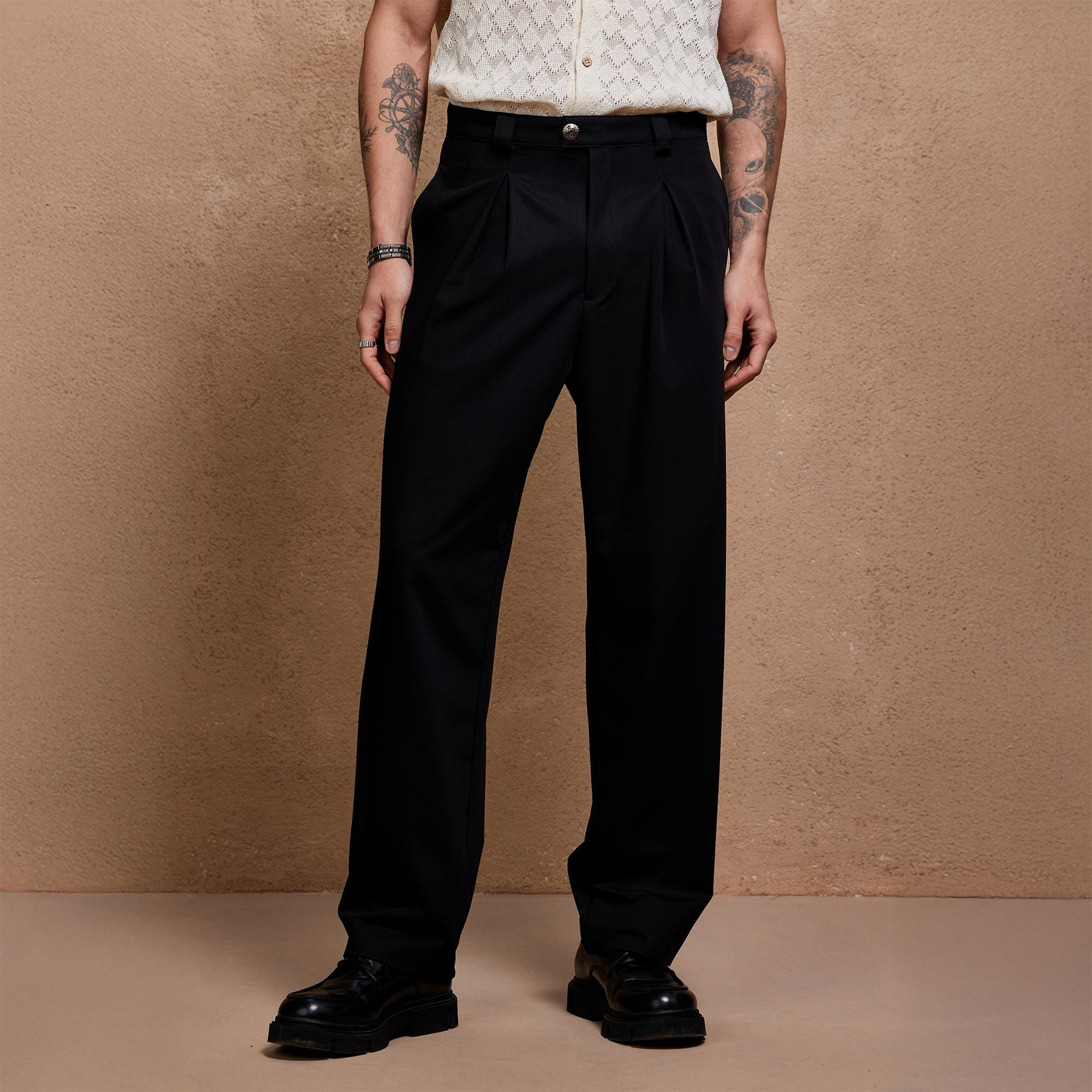 Black Pleated Tailored Wide Leg Pants