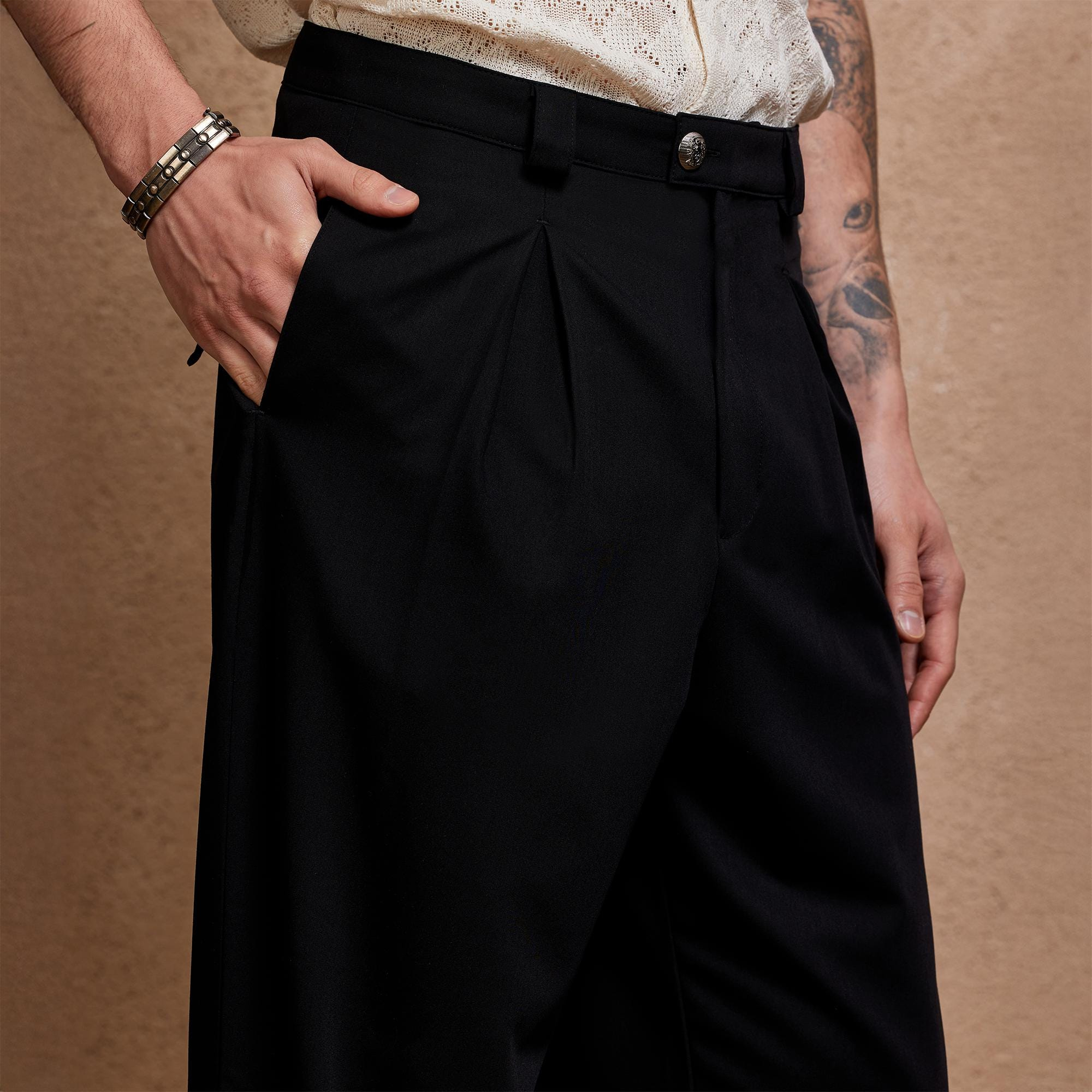 Black Pleated Tailored Wide Leg Pants - Image 2