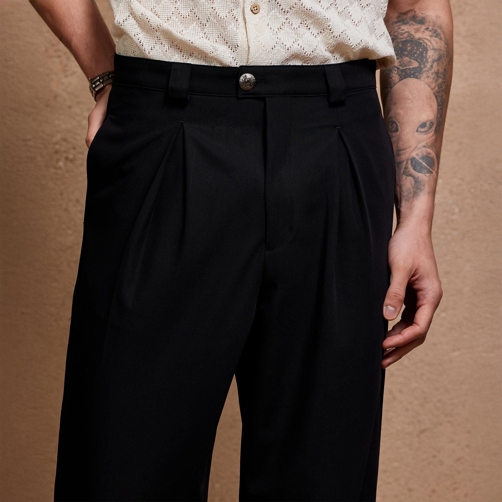 Black Pleated Tailored Wide Leg Pants - Image 3