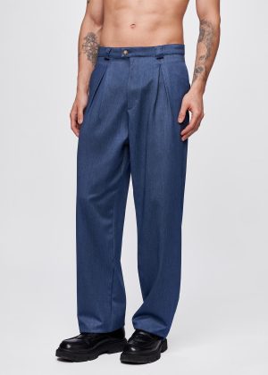 Denim Blue Linen Pleated Straight-Leg Pants