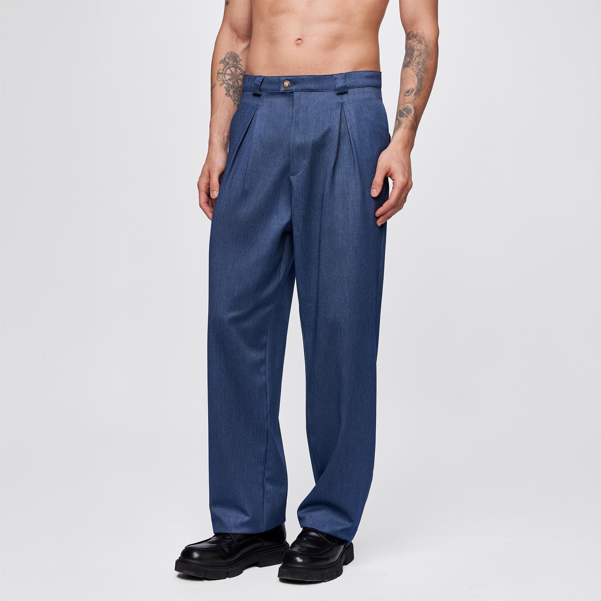 Denim Blue Linen Pleated Straight-Leg Pants