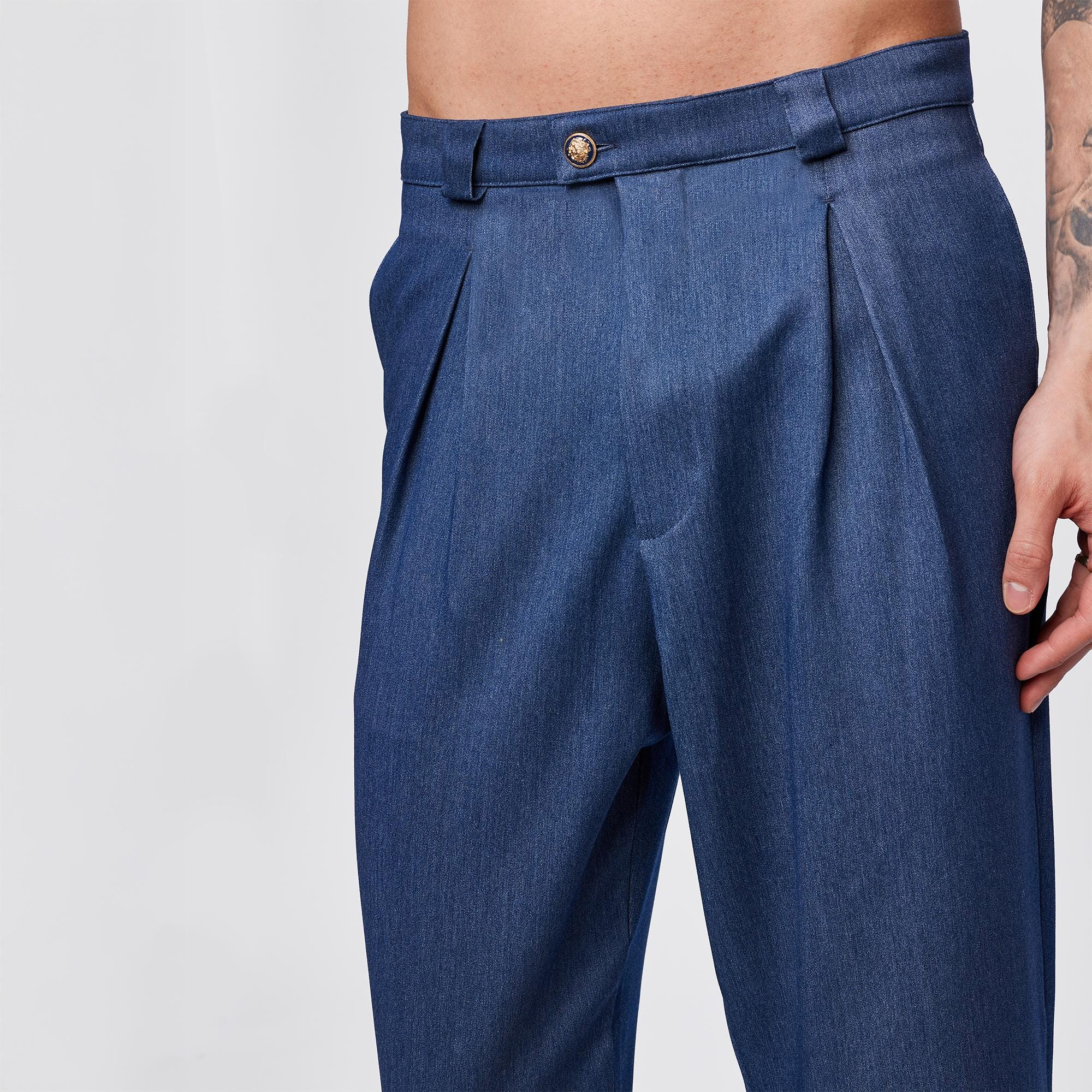 Denim Blue Linen Pleated Straight-Leg Pants - Image 2