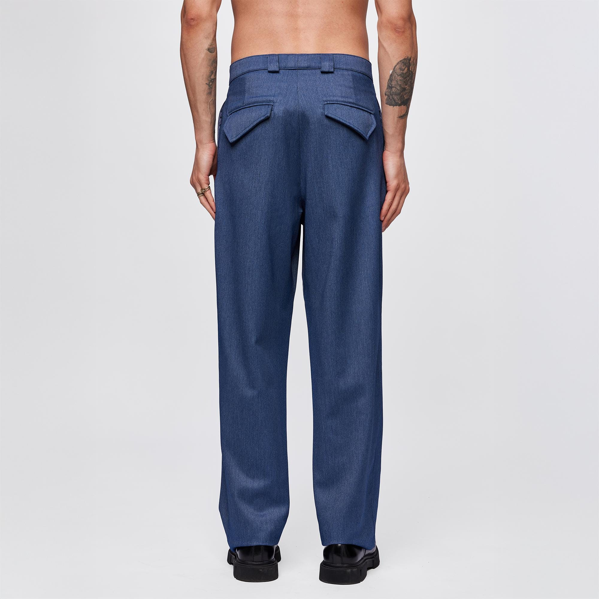 Denim Blue Linen Pleated Straight-Leg Pants - Image 3