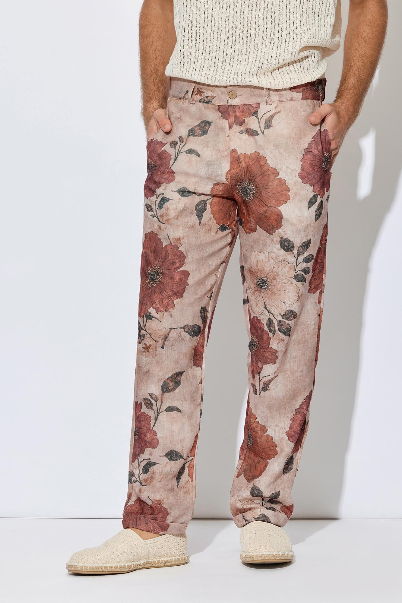 Vintage Blush Floral Linen Blend Straight Leg Pants