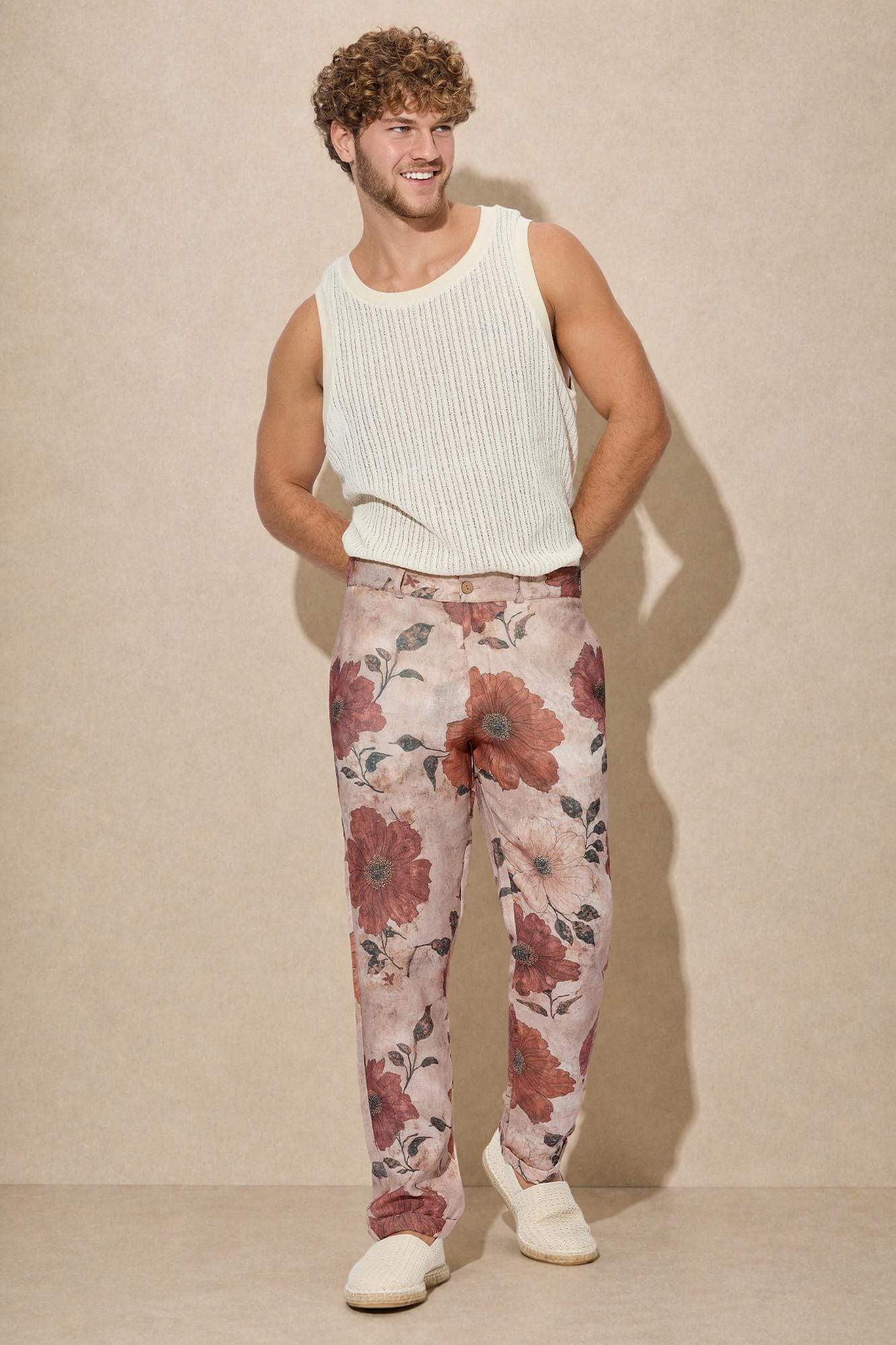Vintage Blush Floral Linen Blend Straight Leg Pants - Image 4