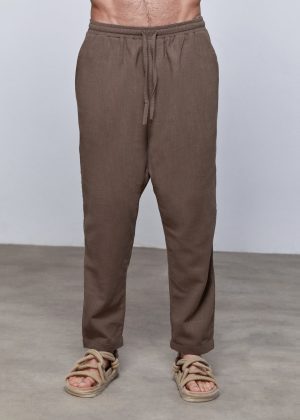 Mocha Brown Linen Drop-Crotch Tapered Pants
