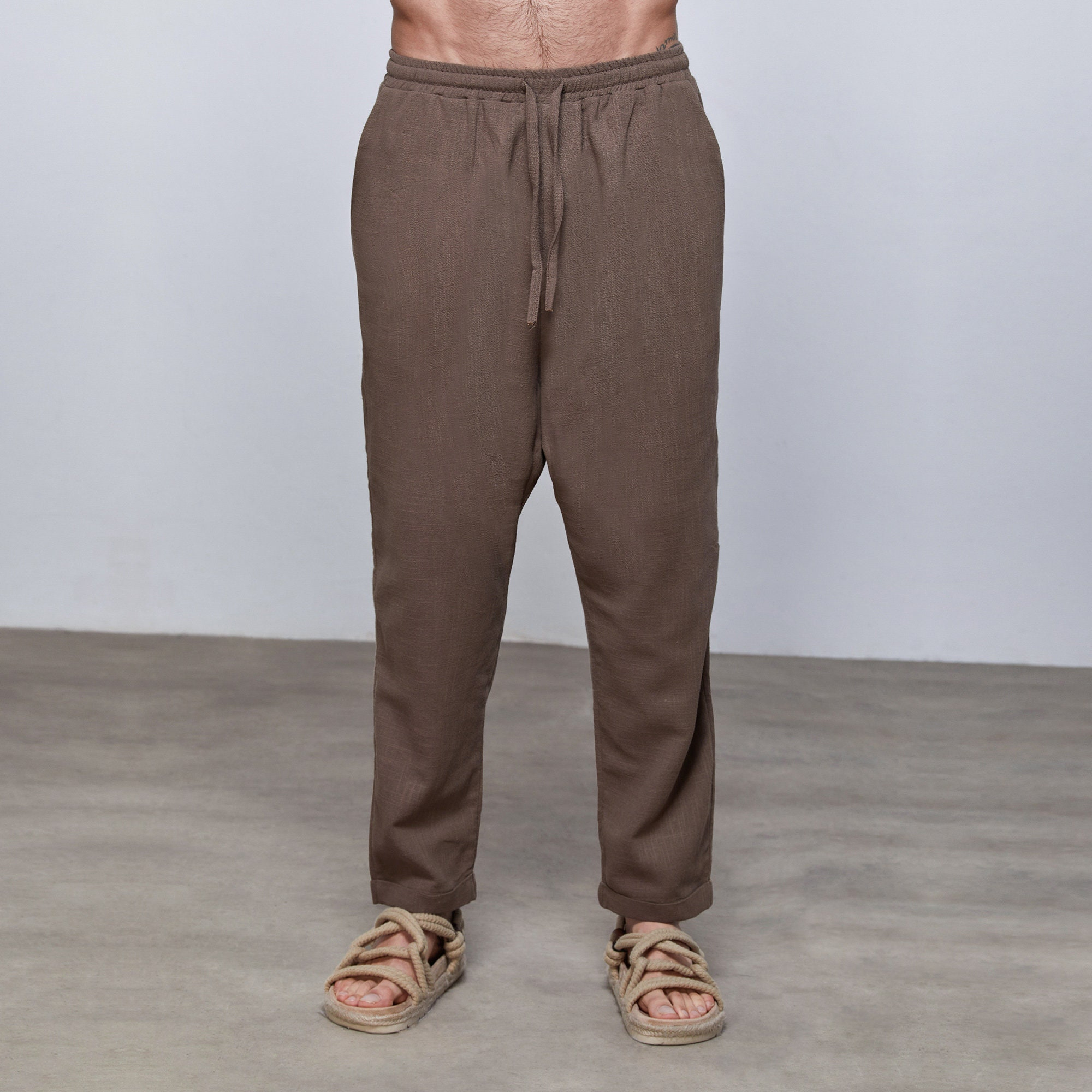 Mocha Brown Linen Drop-Crotch Tapered Pants