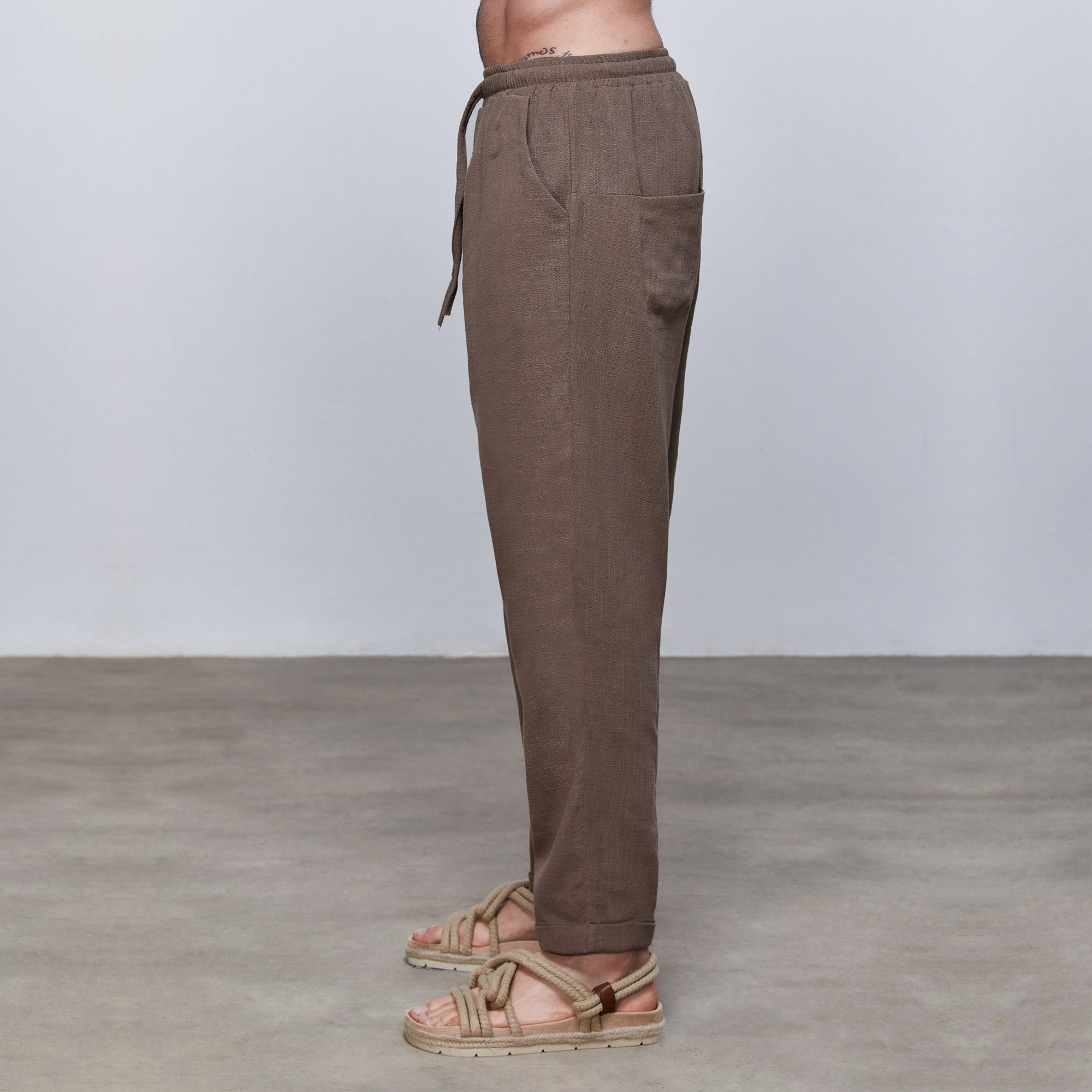 Mocha Brown Linen Drop-Crotch Tapered Pants - Image 4
