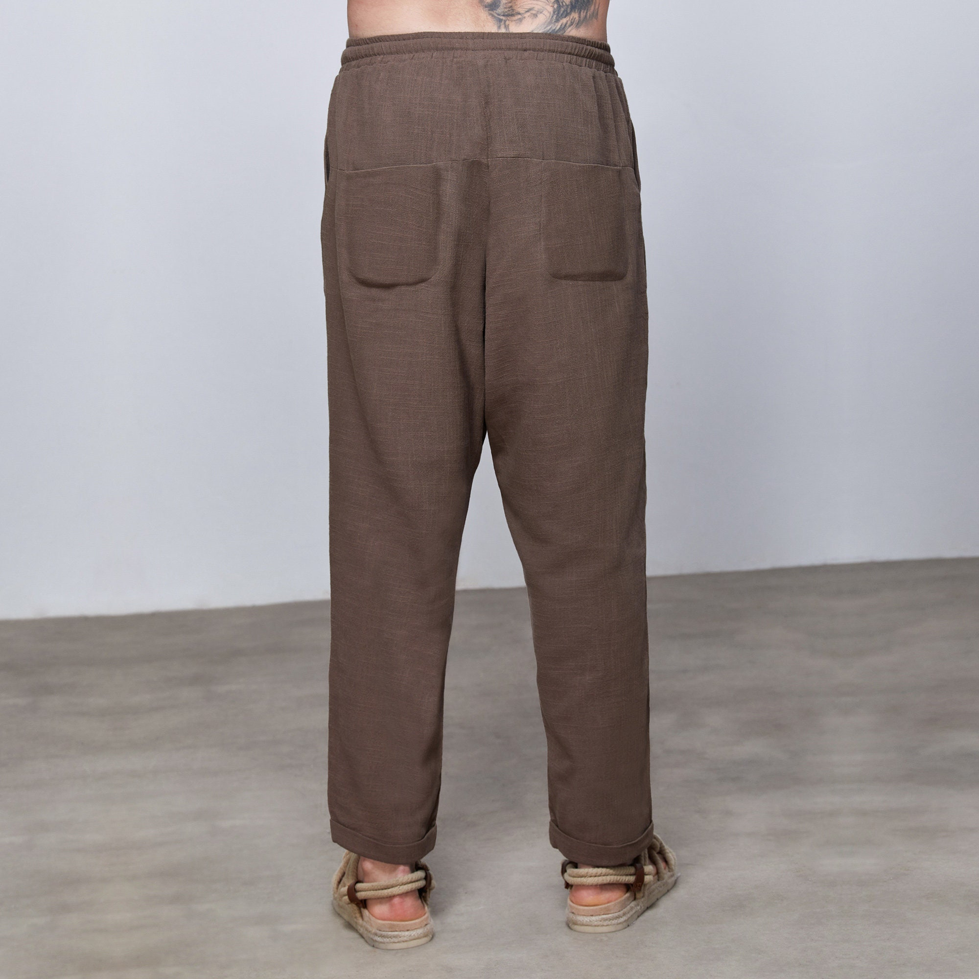 Mocha Brown Linen Drop-Crotch Tapered Pants - Image 3