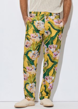 Mustard Yellow Floral Linen-Blend Straight Leg Pants
