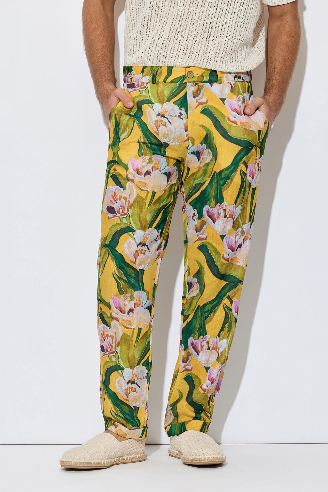 Mustard Yellow Floral Linen-Blend Straight Leg Pants