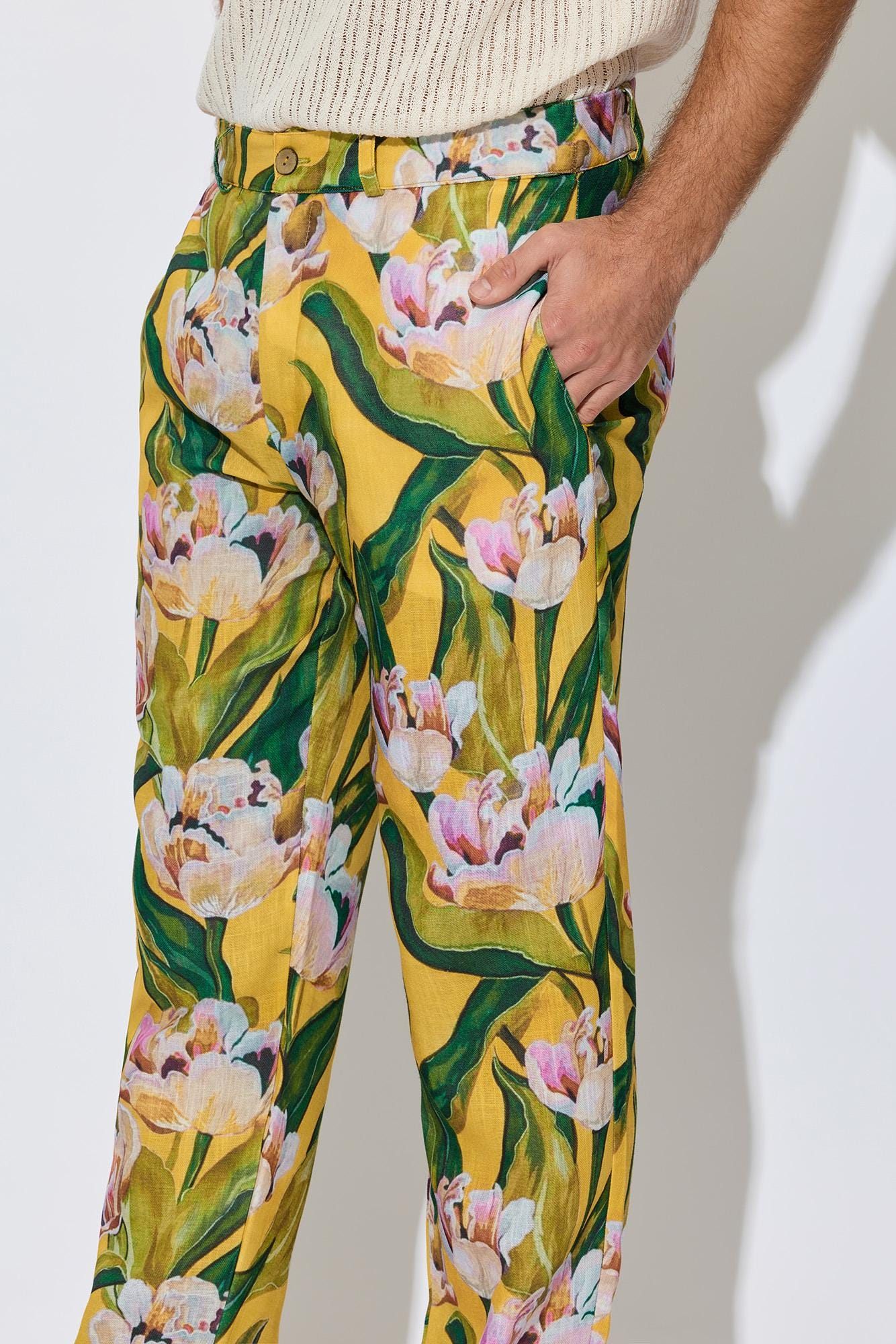 Mustard Yellow Floral Linen-Blend Straight Leg Pants - Image 2
