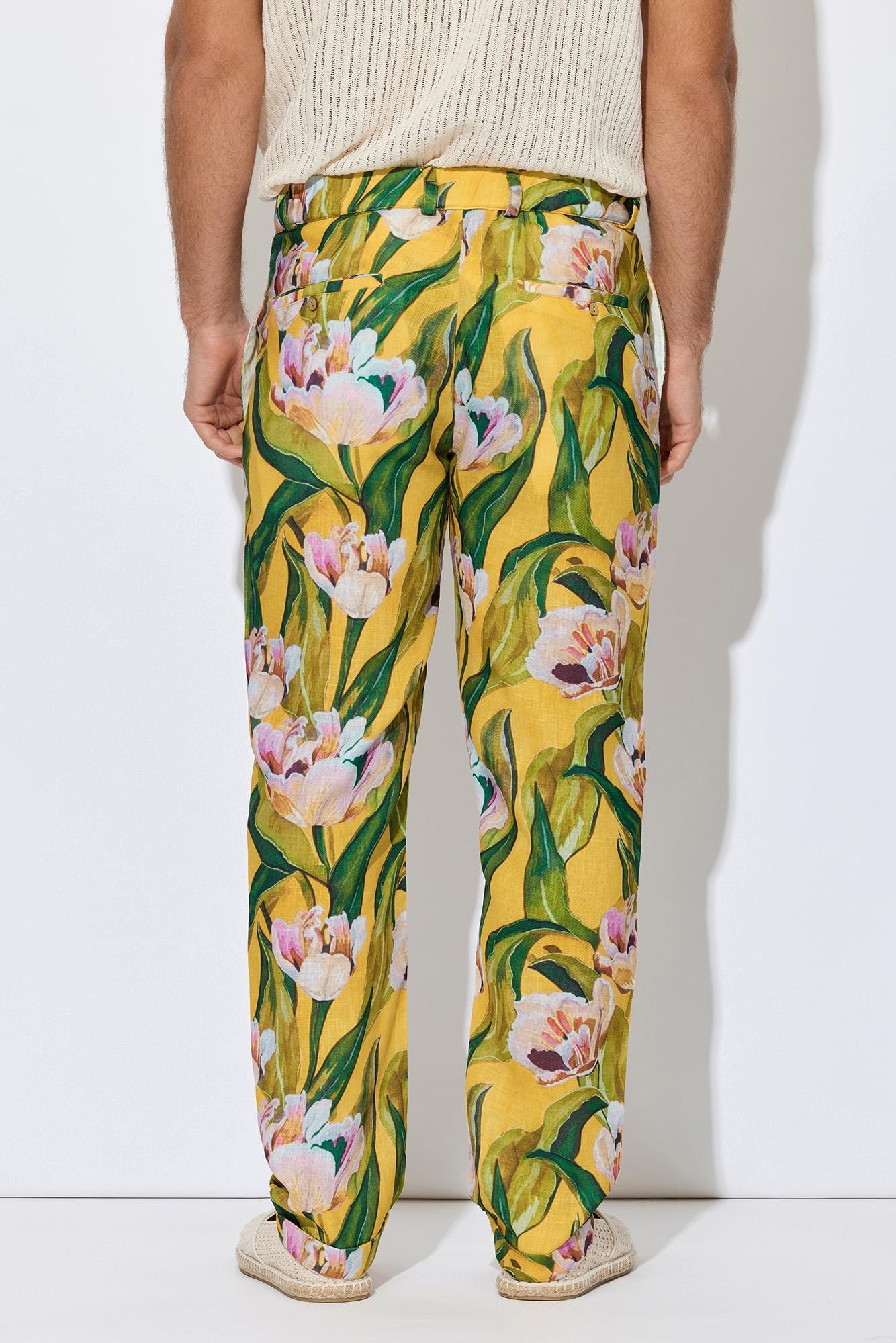 Mustard Yellow Floral Linen-Blend Straight Leg Pants - Image 3