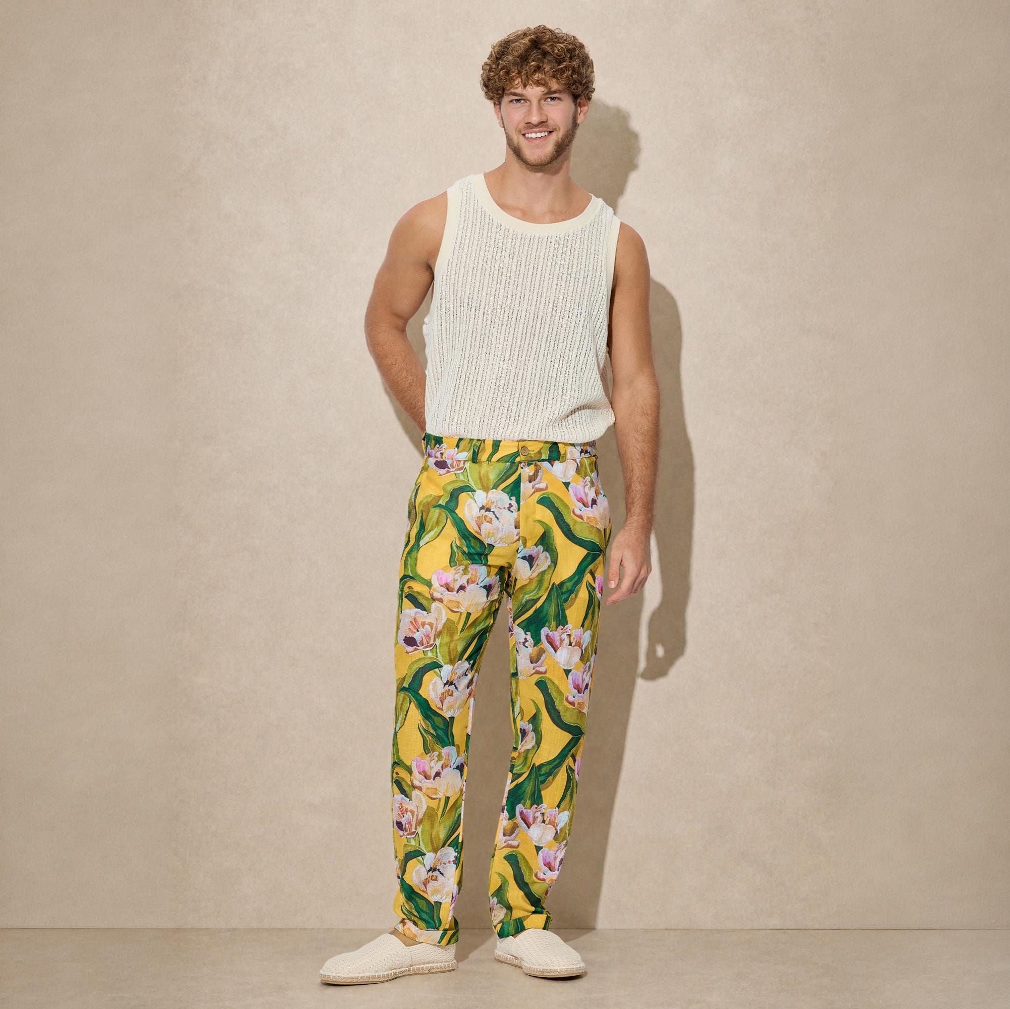 Mustard Yellow Floral Linen-Blend Straight Leg Pants - Image 4