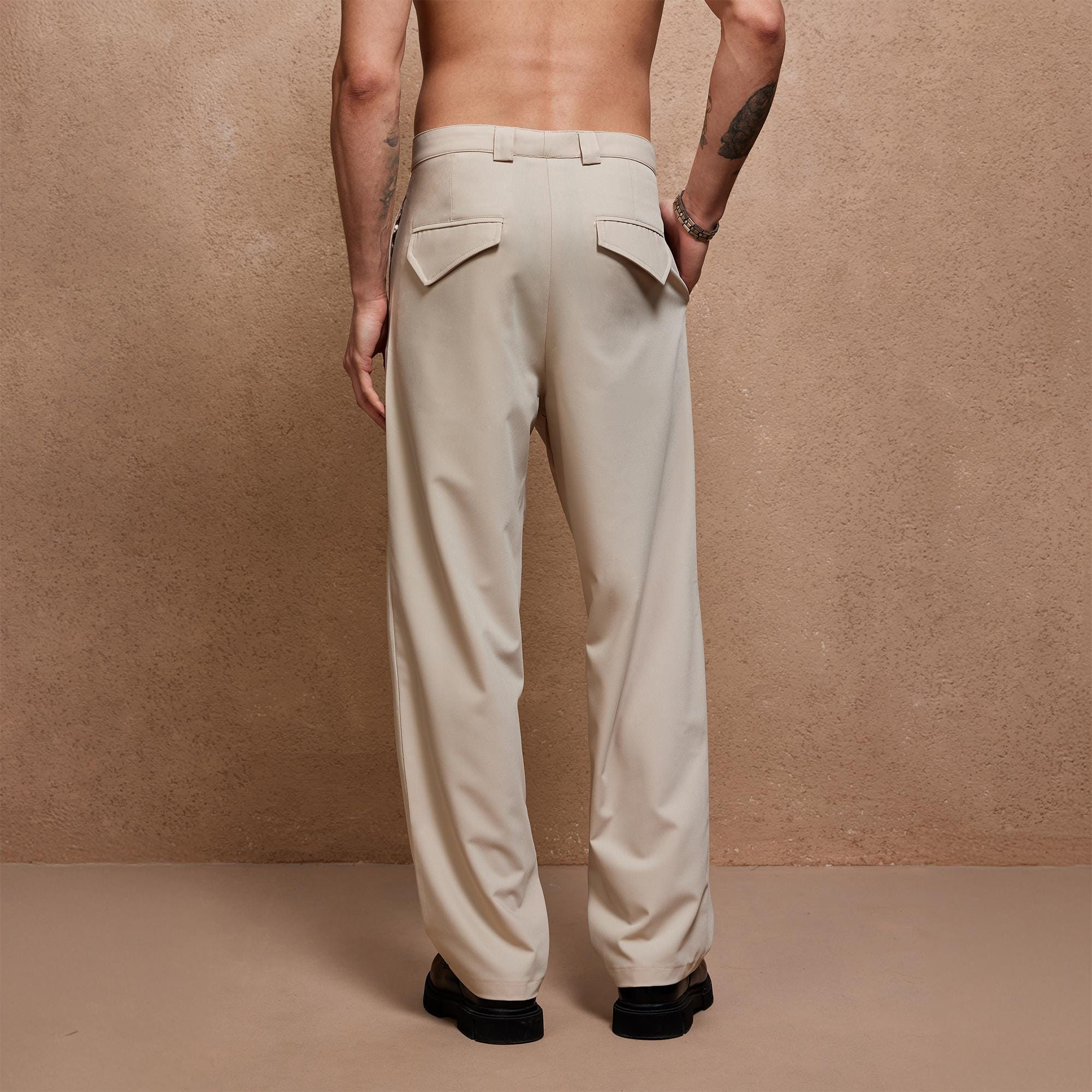 Ivory Beige Linen Pleated Straight-Leg Pants - Image 3