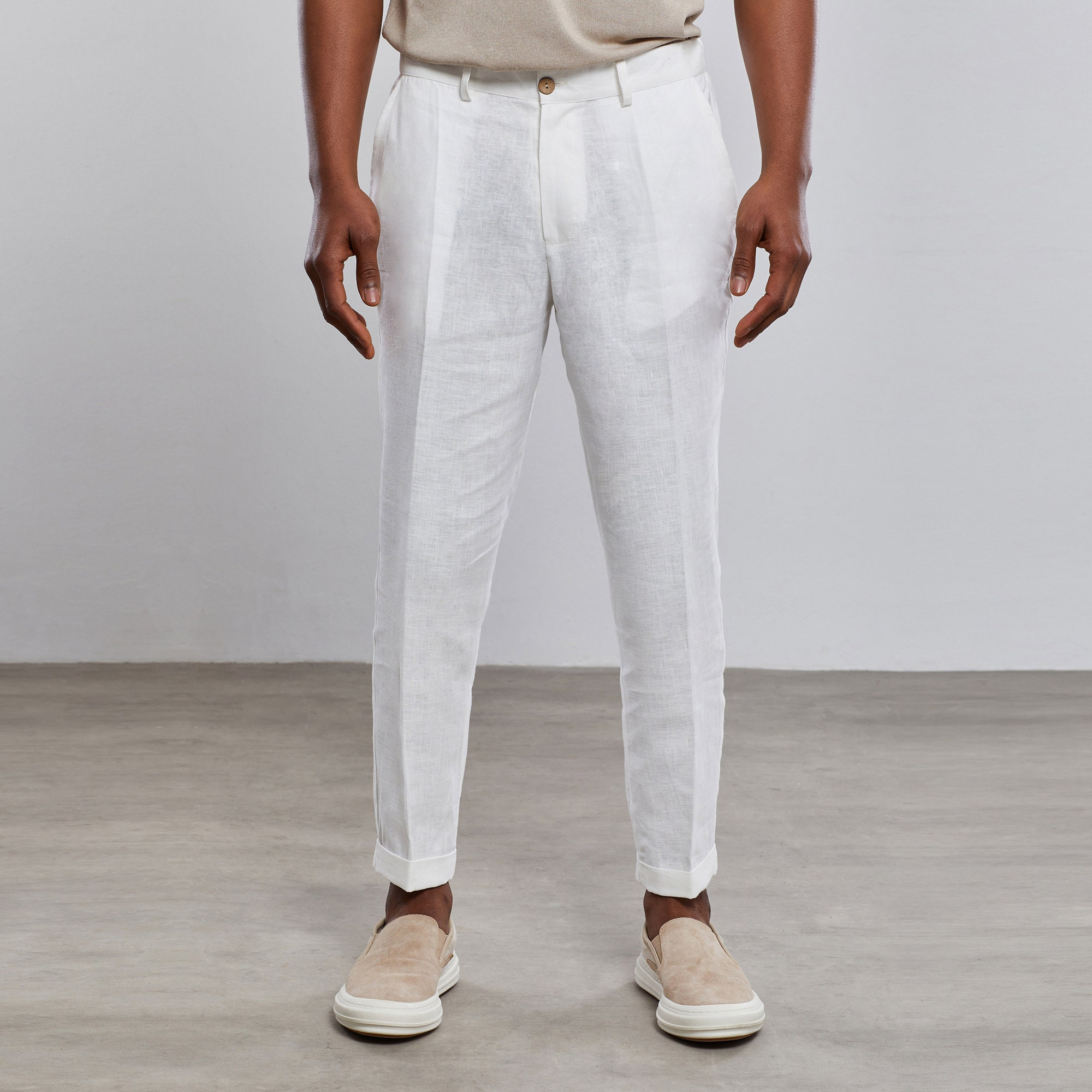 Pure White Linen Carrot Pants
