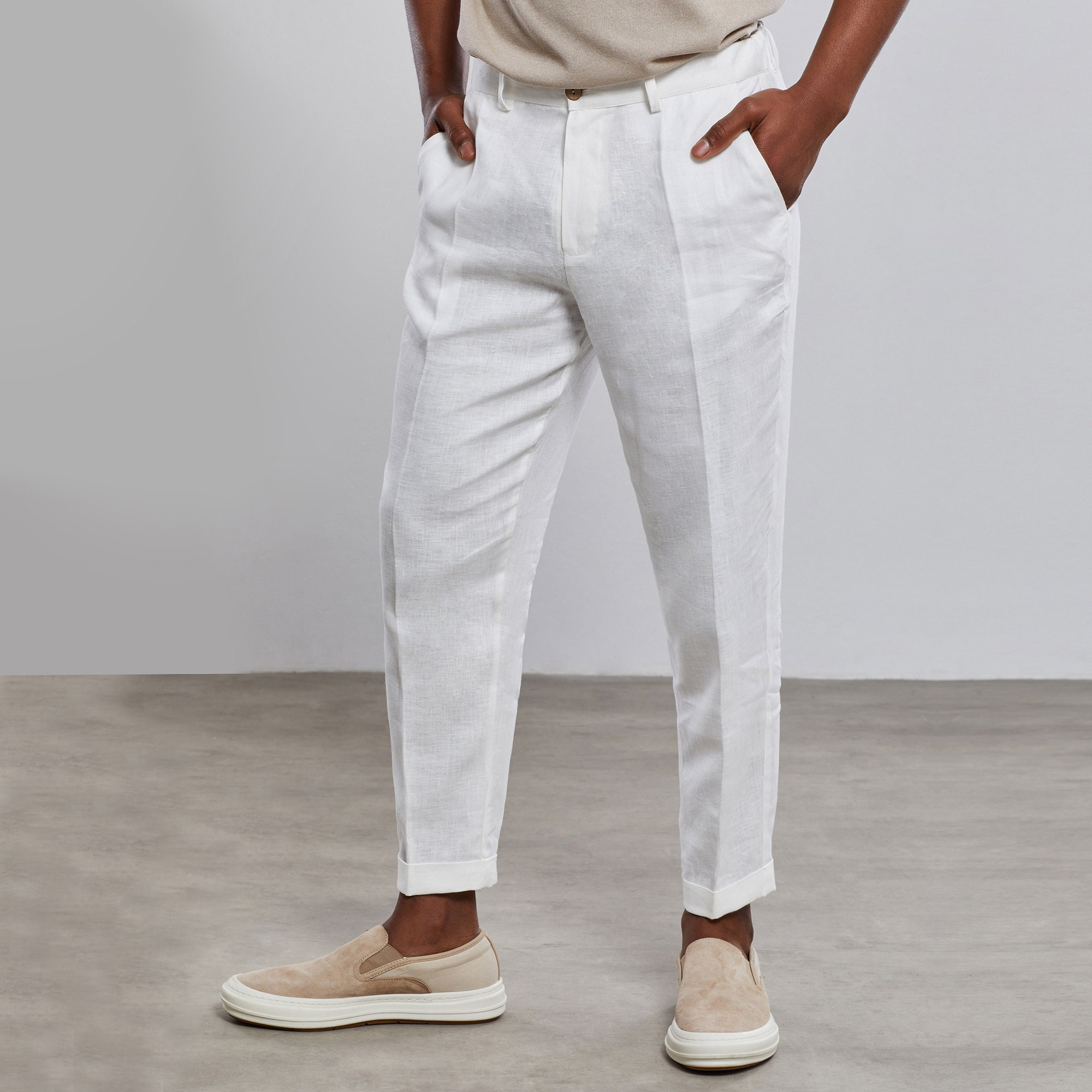 Pure White Linen Carrot Pants - Image 2