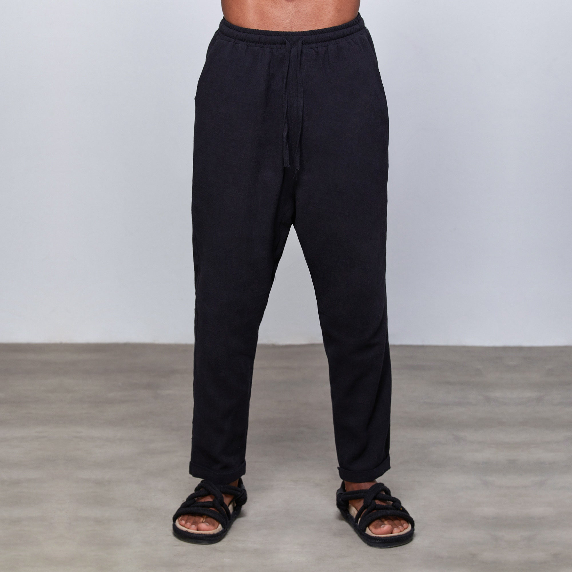 Black Linen Drop Crotch Tapered Pants
