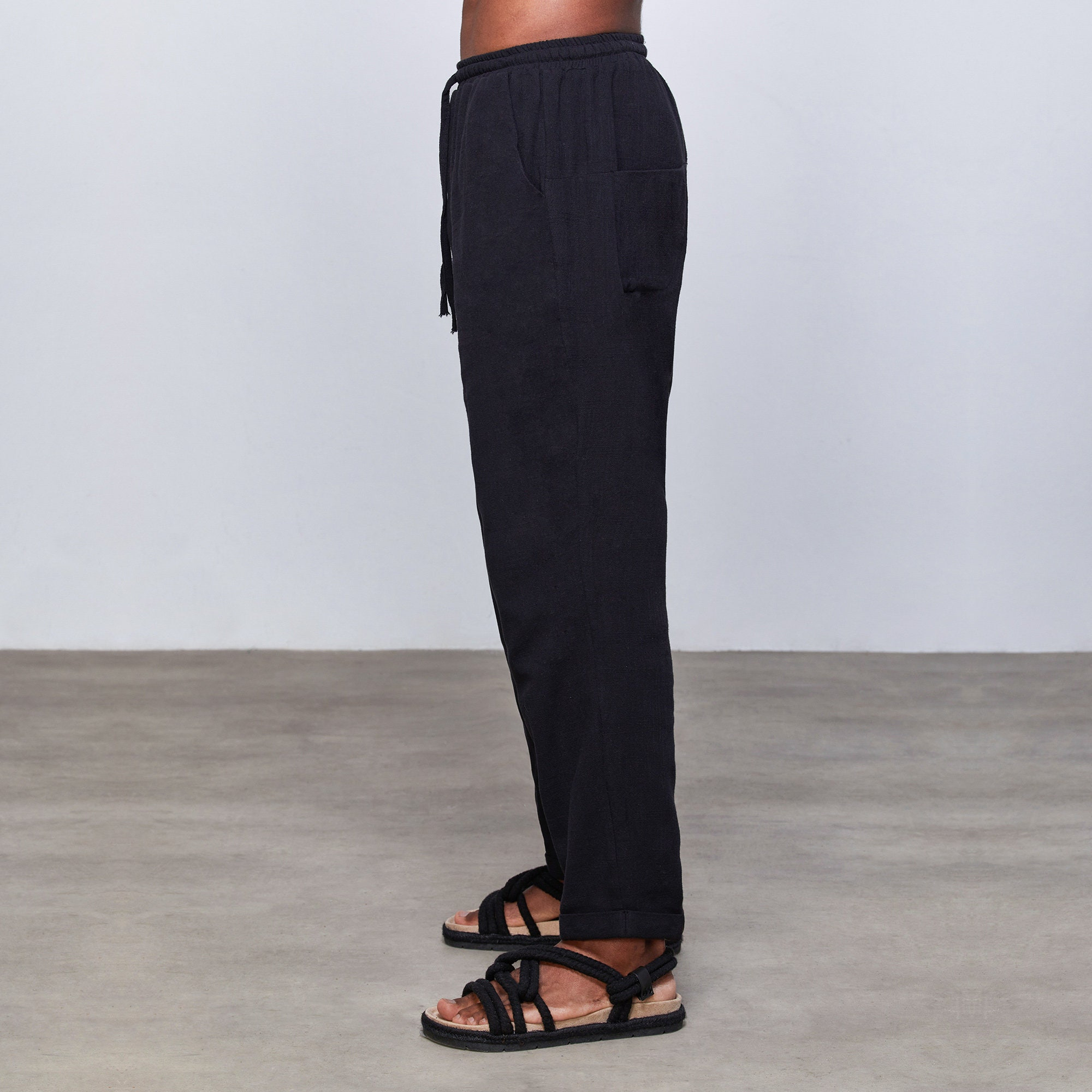 Black Linen Drop Crotch Tapered Pants - Image 2