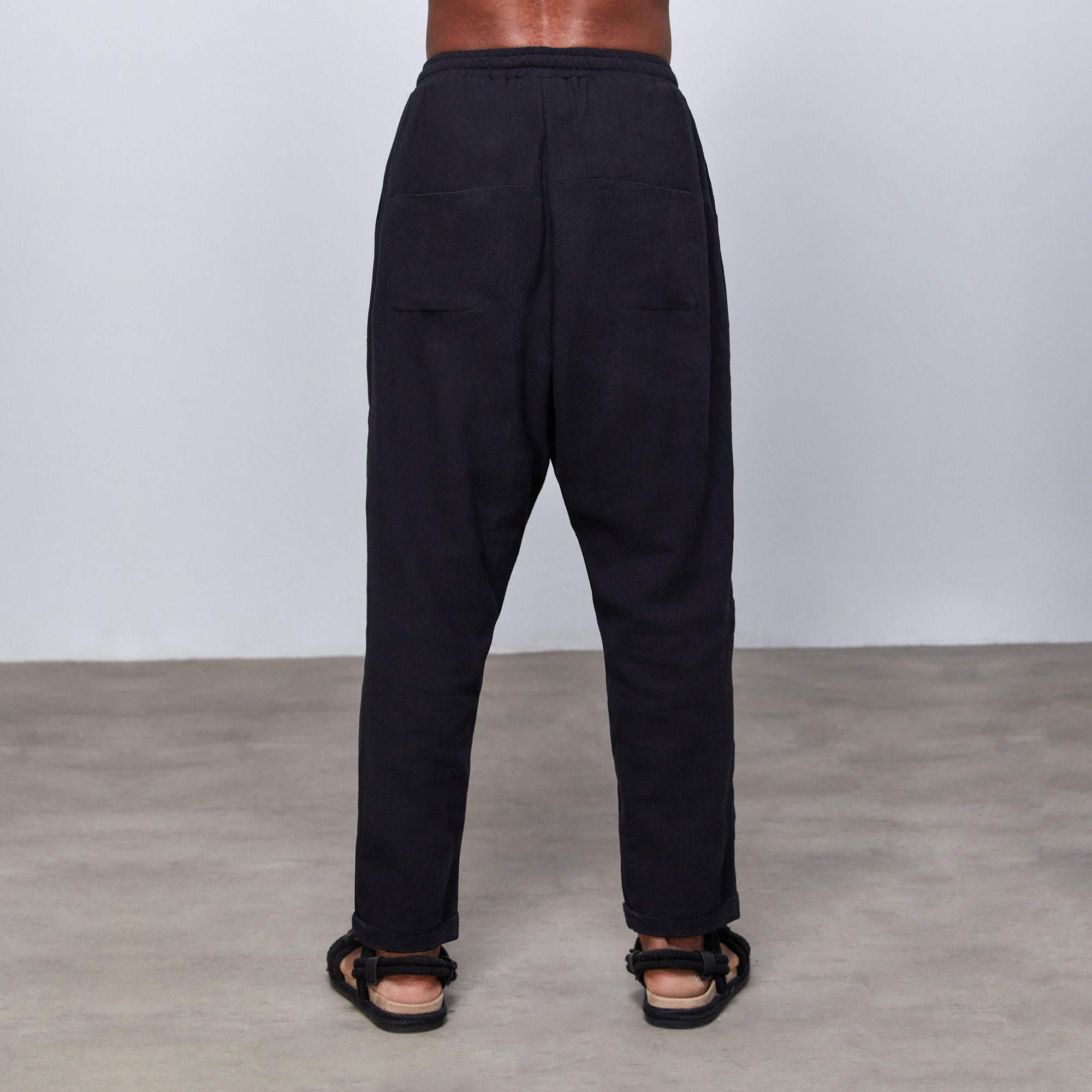 Black Linen Drop Crotch Tapered Pants - Image 3