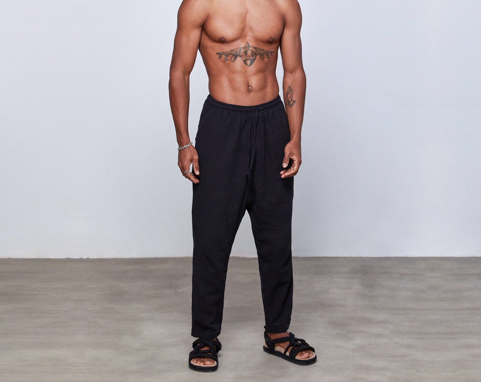 Black Linen Drop Crotch Tapered Pants - Image 4