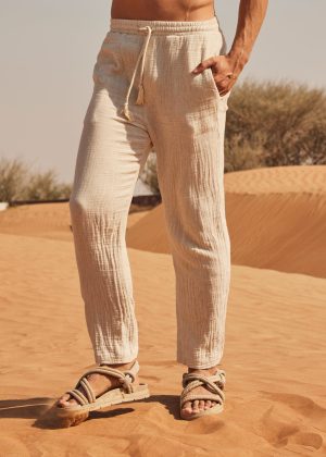 Natural Ivory Cotton Linen Drawstring Tapered Pants
