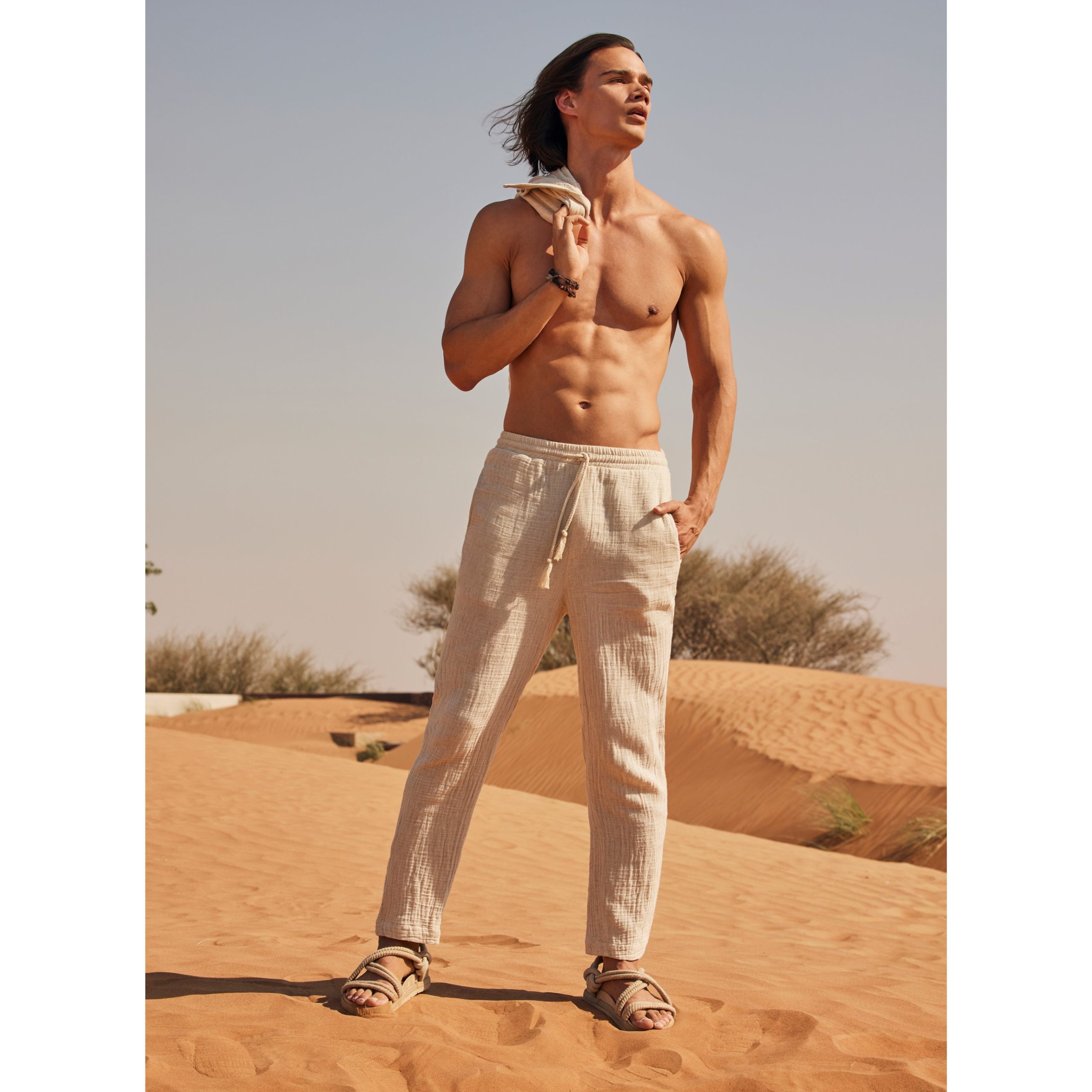Natural Ivory Cotton Linen Drawstring Tapered Pants - Image 4