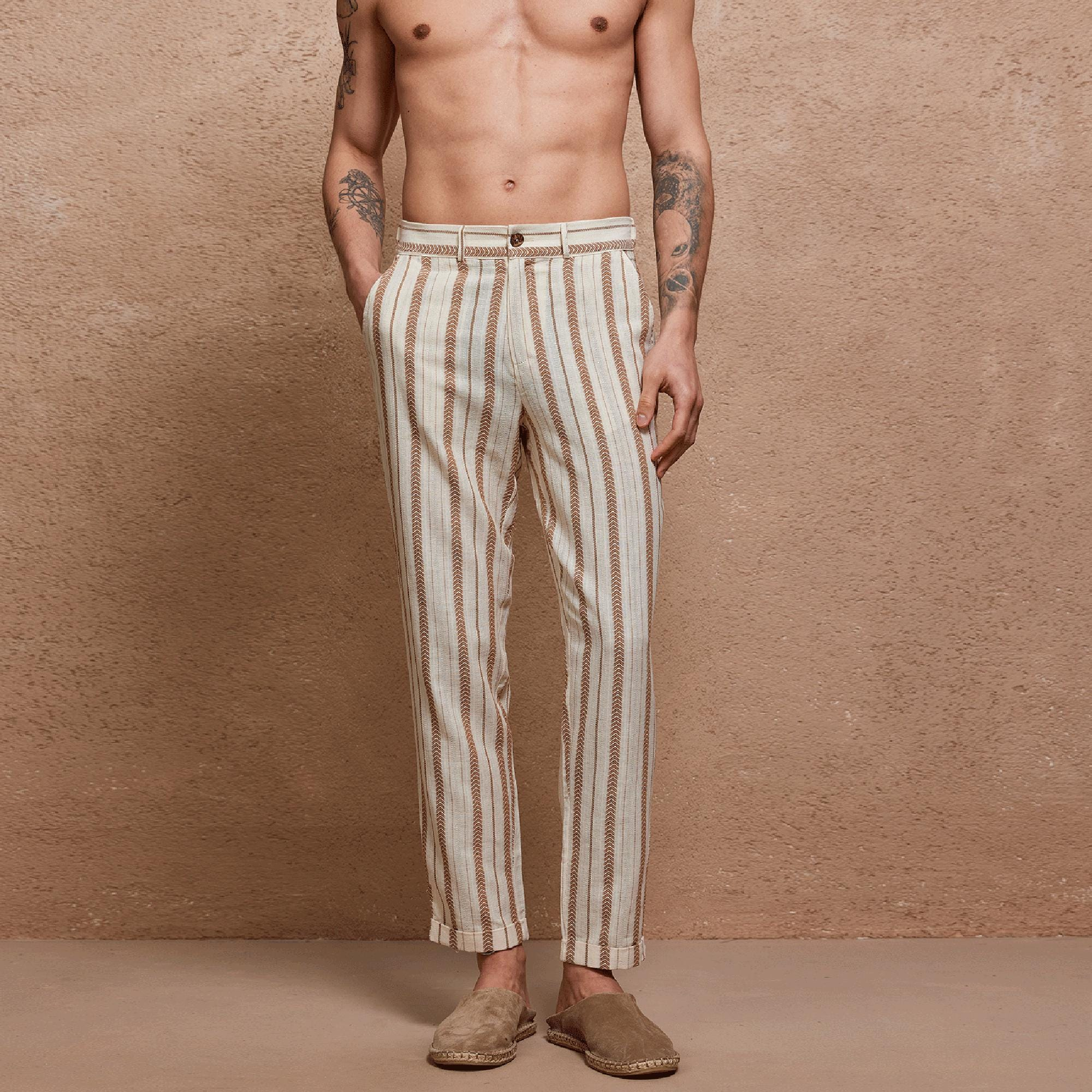 Natural Beige Striped Linen-Blend Pleated Pants - Image 3