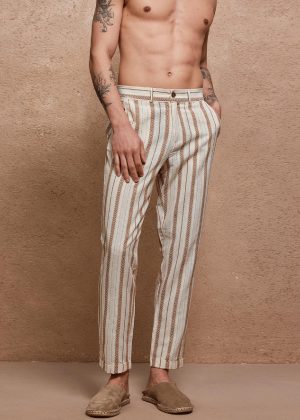 Natural Beige Striped Linen-Blend Pleated Pants