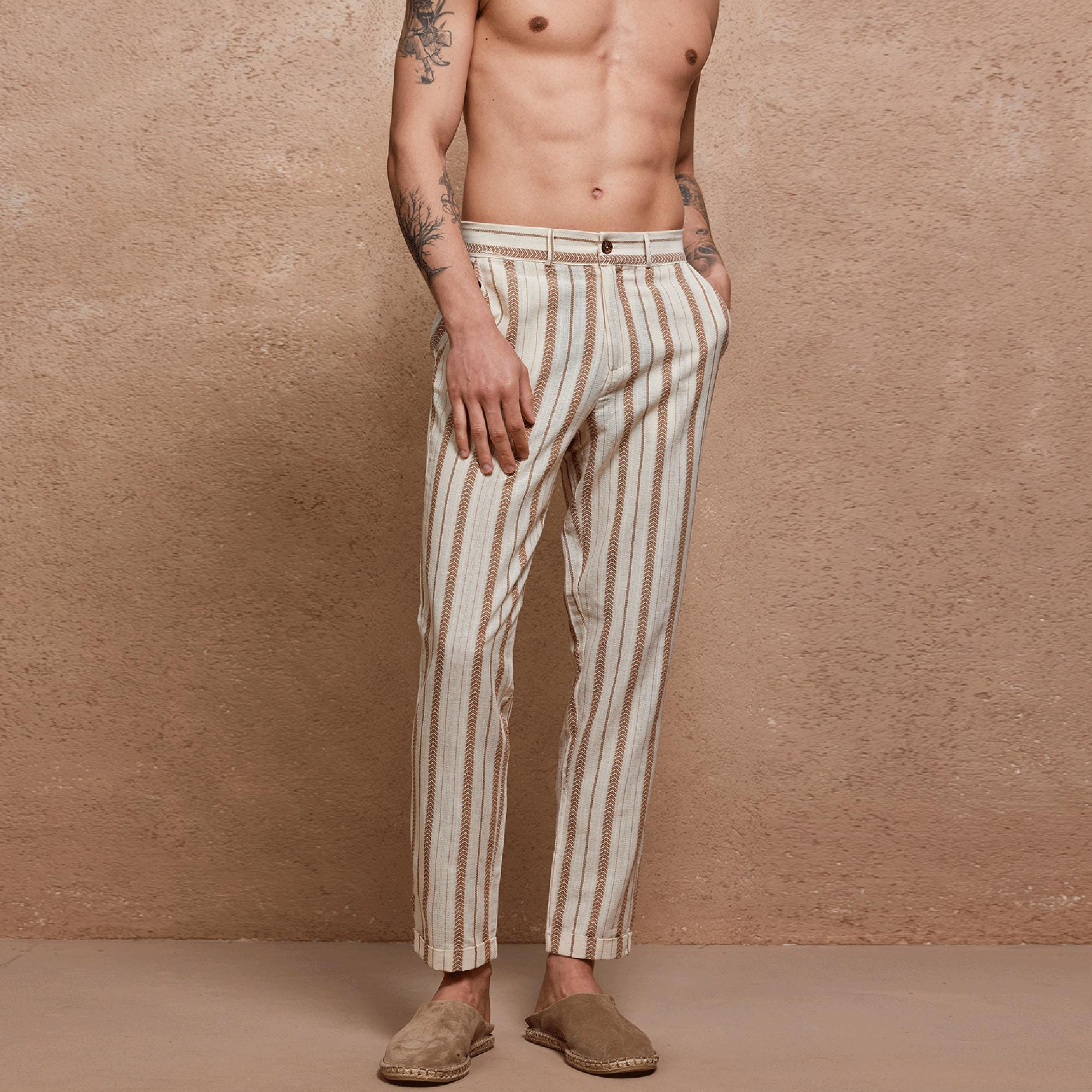 Natural Beige Striped Linen-Blend Pleated Pants
