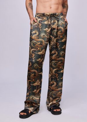 Black and Gold Dragon Print Drawstring Straight Leg Pants