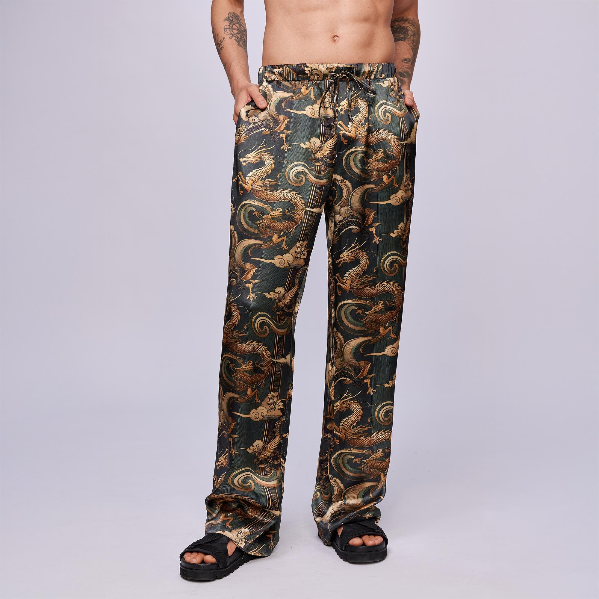 Black and Gold Dragon Print Drawstring Straight Leg Pants