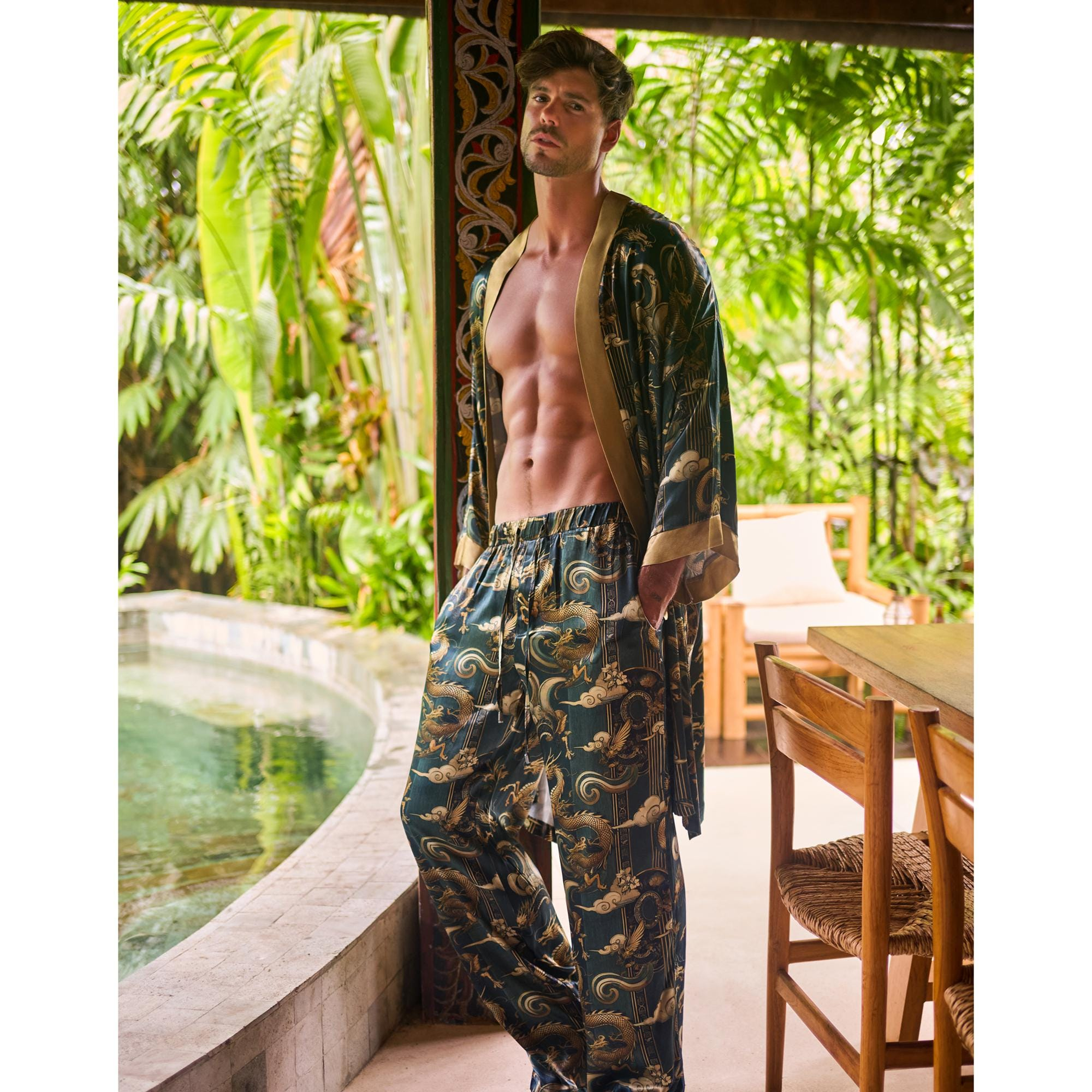 Black and Gold Dragon Print Drawstring Straight Leg Pants - Image 3