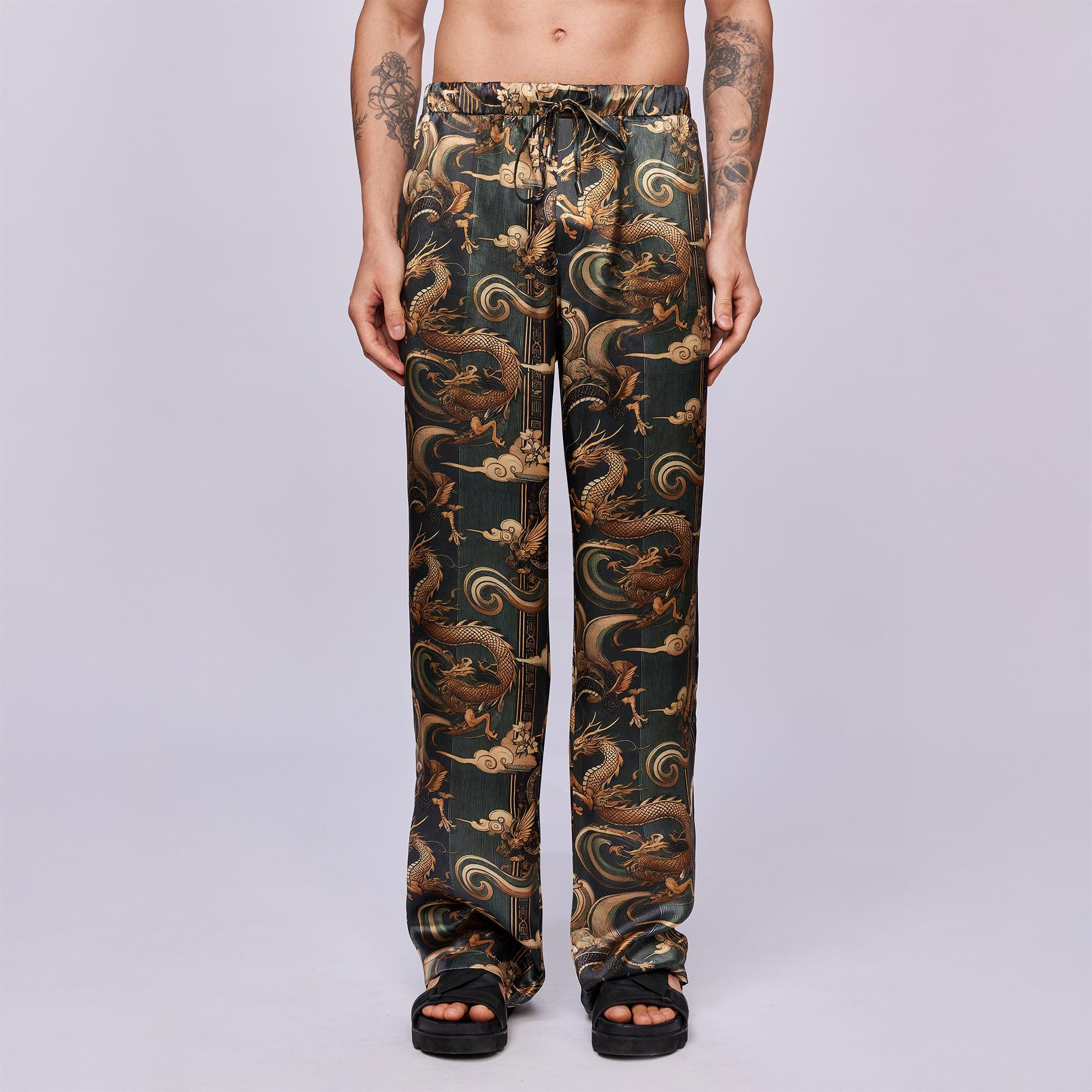 Black and Gold Dragon Print Drawstring Straight Leg Pants - Image 2