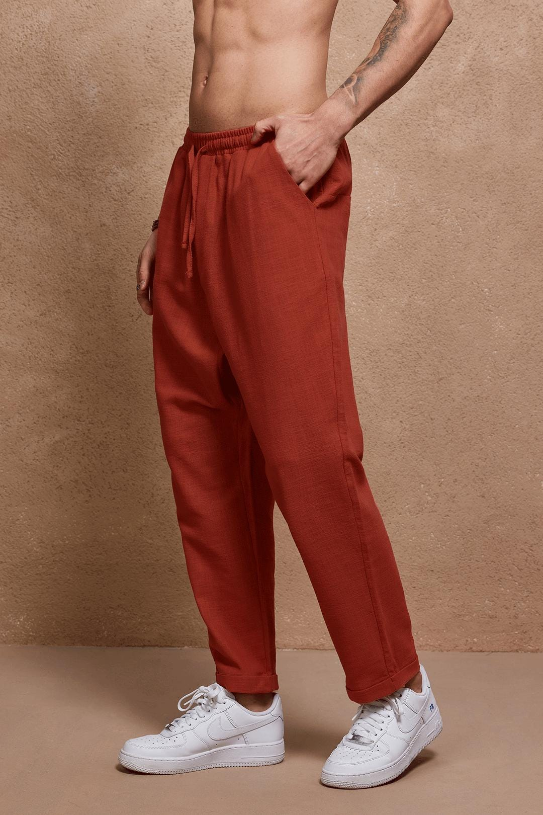 Burnt Orange Linen Drop Crotch Tapered Pants - Image 2