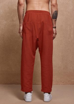 Burnt Orange Linen Drop Crotch Tapered Pants