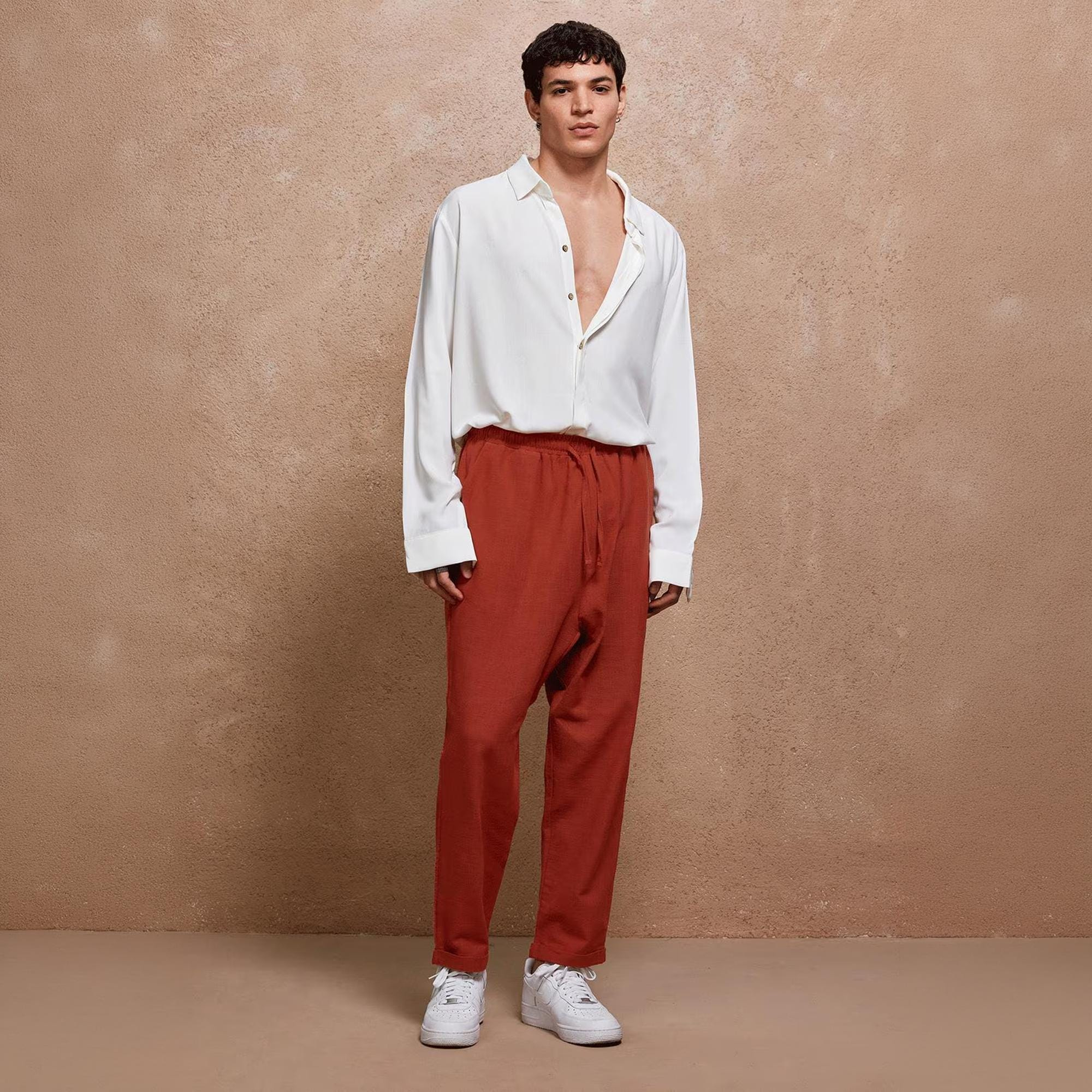 Burnt Orange Linen Drop Crotch Tapered Pants - Image 4