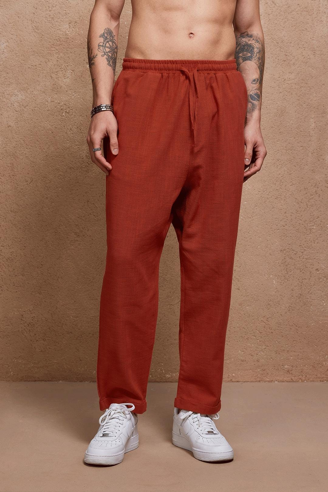Burnt Orange Linen Drop Crotch Tapered Pants - Image 3